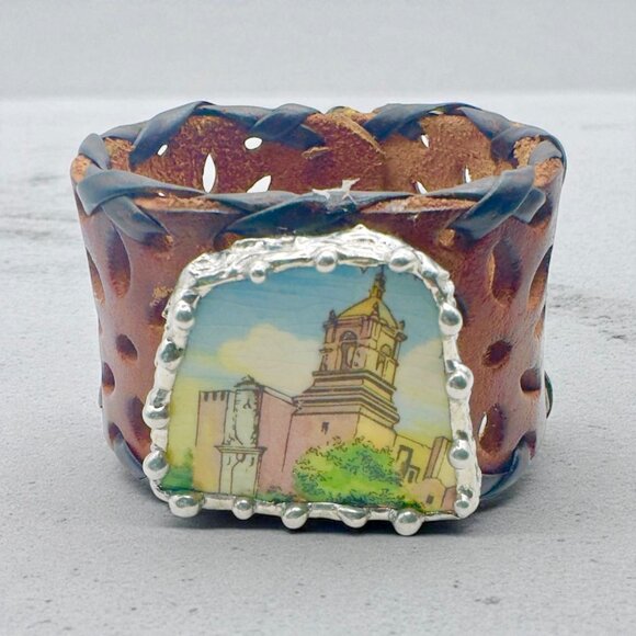Artisan Jewelry - San Antonio Misión Church Broken China W Silver-Blend Metalwork & Leather Cuff